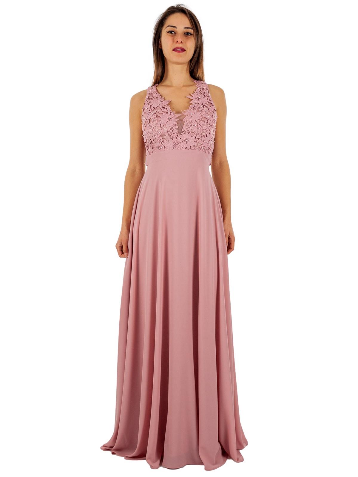 Abito Lungo Cerimonia Vestito Donna Damigella Strass Macramè