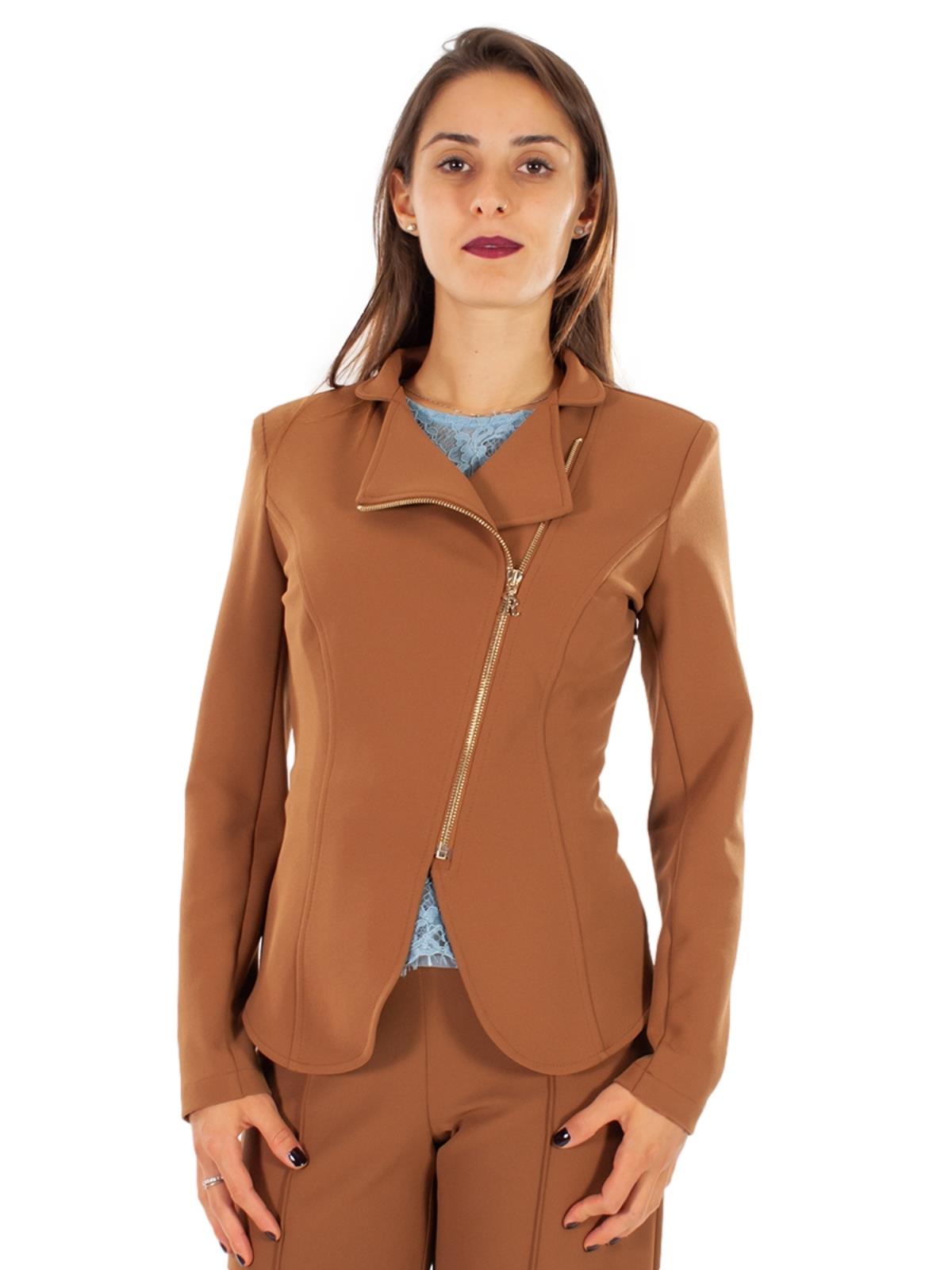 Blazer corto con zip pantalone palazzo in crêpe marrone